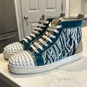 Christian Louboutin Teal and White Spiked High-Top Sneakers